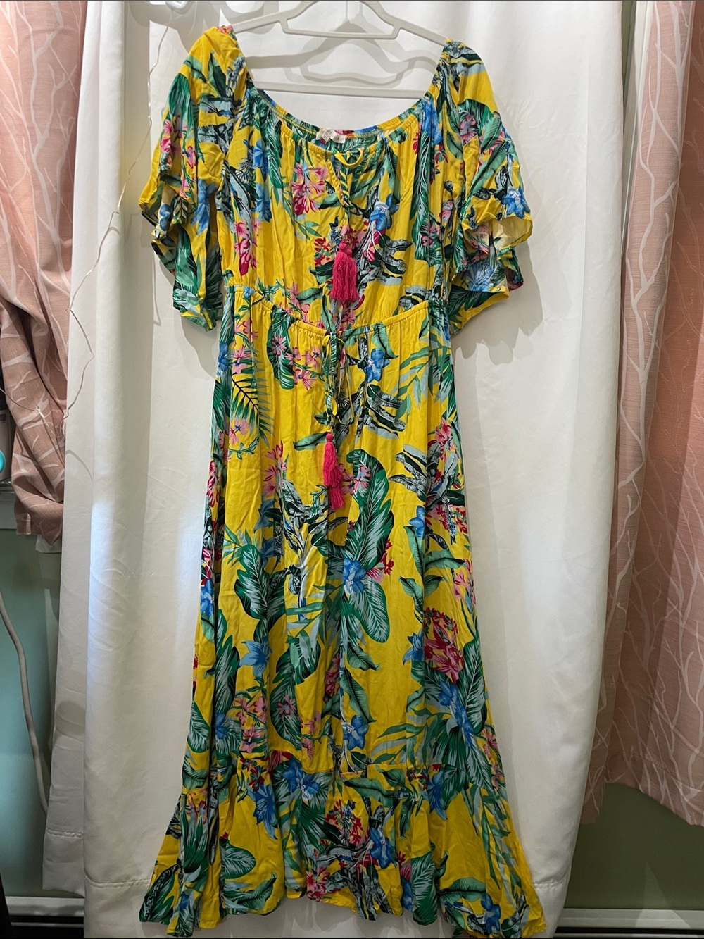 Bright Yellow Tropical Floral Off-Shoulder Maxi Dress with Tassel Tie